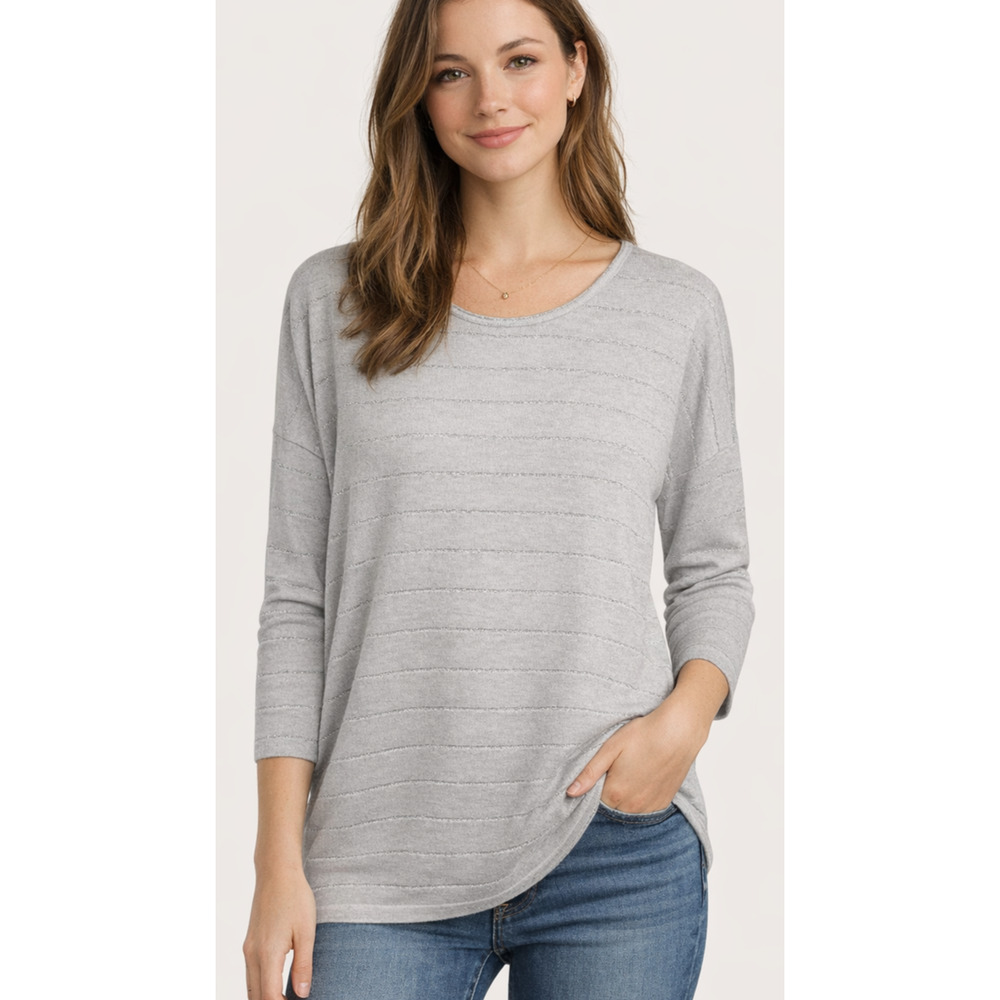 J Jill Petite M Gray Sweater Metallic Stripe 3/4 Sleeve Soft Knit Top Wool Blend